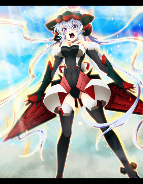 Anime picture 2500x3200 with senki zesshou symphogear satelight yukine chris belucen single tall image highres open mouth light erotic sky cloud (clouds) white hair very long hair pink eyes coloring magic covered navel screaming mecha musume girl