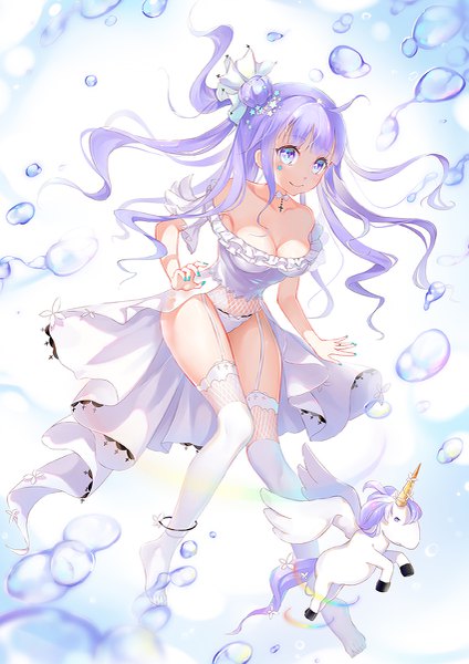 Anime picture 849x1200 with azur lane unicorn (azur lane) asanogawa (tutufcc) single long hair tall image looking at viewer blush fringe breasts light erotic smile large breasts purple eyes bare shoulders payot cleavage purple hair full body ahoge