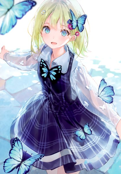 Anime picture 2097x3011 with original dsmile single tall image blush fringe highres short hair open mouth blue eyes blonde hair smile standing looking away long sleeves :d hair flower scan spread arms girl