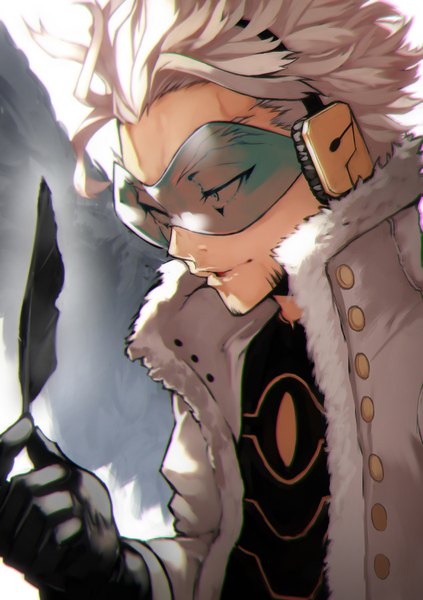 Anime picture 1058x1500 with boku no hero academia studio bones hawks (boku no hero academia) takami keigo yoshio (55level) single tall image short hair holding looking away silver hair fur trim boy gloves black gloves headphones fur feather (feathers) goggles