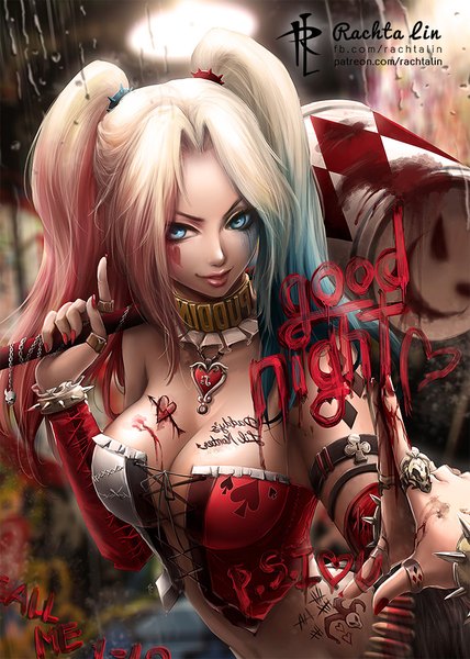 Anime picture 714x1000 with batman dc comics harley queen rachta lin single long hair tall image looking at viewer blush fringe breasts blue eyes light erotic blonde hair smile large breasts standing twintails signed cleavage