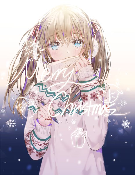 Anime picture 700x904 with original dangmill single long hair tall image looking at viewer blush fringe blue eyes simple background blonde hair hair between eyes white background twintails holding upper body long sleeves nail polish christmas covered mouth