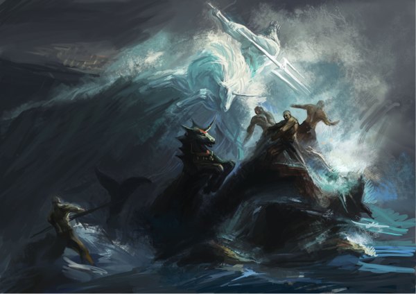 Anime picture 4960x3507 with original shuyinnosi highres absurdres horn (horns) glowing glowing eye (eyes) muscle fighting stance epic sea wave (waves) horse