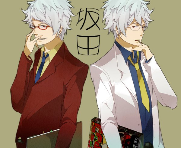 Anime picture 1288x1050 with gintama sunrise (studio) sakata gintoki short hair simple background white hair hieroglyph dual persona boy book (books) suit cigarette