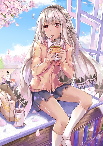 Anime picture 850x1200 with fate (series) fate/grand order fate/extra fate/extella mash kyrielight fujimaru ritsuka (female) altera (fate) fujimaru ritsuka (male) konka tall image short hair red eyes sitting multiple girls looking away sky silver hair cloud (clouds) nail polish cherry blossoms