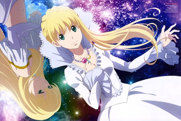 Anime picture 6076x4090 with aldnoah.zero a-1 pictures asseylum vers allusia satou michio long hair looking at viewer highres blue eyes blonde hair multiple girls absurdres official art copyright name dual persona girl dress 2 girls beads