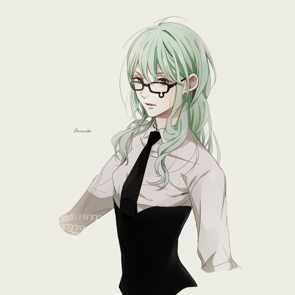 Anime picture 840x841 with lucky dog bernardo ortolani komichi96 single long hair tall image looking at viewer fringe simple background green eyes upper body ahoge green hair grey background character names genderswap girl shirt glasses necktie