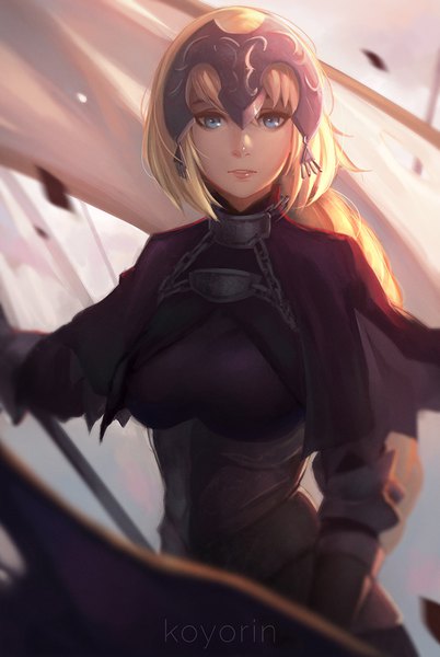 Anime picture 687x1024 with fate (series) fate/apocrypha jeanne d'arc (fate) (all) jeanne d'arc (fate) koyoriin single long hair tall image looking at viewer breasts blue eyes blonde hair signed braid (braids) very long hair wind lips single braid girl armor