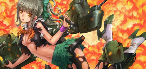 Anime picture 1000x479 with kantai collection yuubari light cruiser infukun long hair looking at viewer blush breasts open mouth light erotic wide image ponytail grey hair orange eyes torn clothes girl navel bow weapon hair bow
