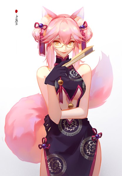 Anime picture 800x1156 with fate (series) fate/grand order koyanskaya lao bai (pixiv36119836) single long hair tall image fringe simple background hair between eyes white background animal ears payot pink hair tail traditional clothes animal tail hair bun (hair buns) orange eyes fox ears