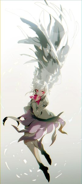 Anime picture 921x2048 with touhou kishin sagume no-kan single tall image short hair simple background looking away silver hair full body pink eyes from above gradient background flying covered mouth single wing girl wings