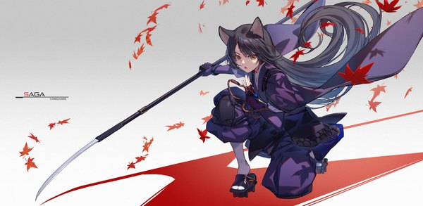 Anime picture 2461x1200 with arknights saga (arknights) nian (zhanian) single looking at viewer fringe highres open mouth black hair simple background wide image holding brown eyes animal ears full body bent knee (knees) very long hair traditional clothes japanese clothes grey background
