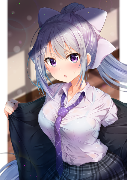 Anime picture 1737x2456 with virtual youtuber nijisanji higuchi kaede kuria (clear trip second) single long hair tall image looking at viewer blush fringe highres open mouth light erotic hair between eyes purple eyes silver hair ponytail open jacket :o lens flare