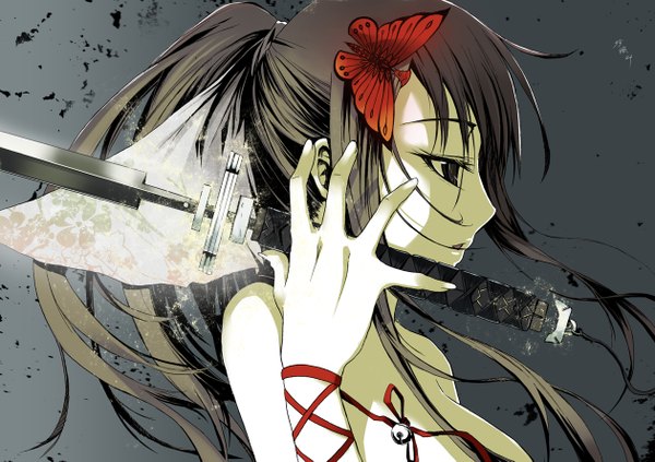 Anime picture 1260x889 with original zhen lu single long hair fringe open mouth light erotic black hair bare shoulders looking away ponytail profile black eyes grey background no bra pale skin serious weapon over shoulder girl hair ornament