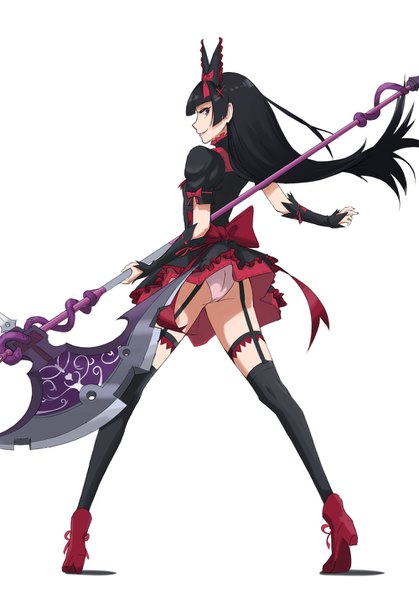 Anime picture 1000x1432 with gate - jieitai ka no chi nite kaku tatakaeri a-1 pictures rory mercury imdsound single long hair tall image looking at viewer fringe light erotic black hair simple background smile red eyes standing white background holding full body profile from behind