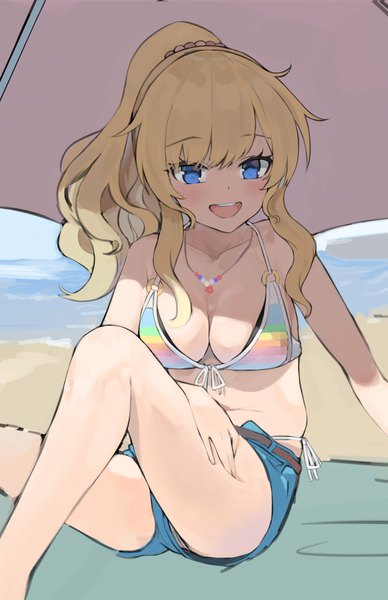 Anime picture 1300x2007 with idolmaster idolmaster cinderella girls ootsuki yui sharpheon single long hair tall image blush breasts open mouth blue eyes light erotic blonde hair large breasts sitting payot ponytail beach summertime high girl