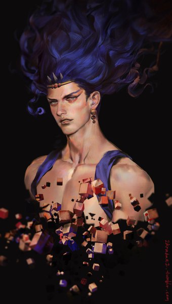 Anime picture 568x1000 with jojo no kimyou na bouken cars (jojo) krabat single long hair tall image looking at viewer simple background bare shoulders purple hair upper body parted lips horn (horns) blurry realistic inscription grey eyes floating hair text black background