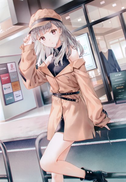 Anime picture 2405x3478 with original hiten (hitenkei) single long hair tall image looking at viewer blush fringe highres red eyes standing sitting bent knee (knees) blunt bangs long sleeves arm up grey hair scan off shoulder arm support