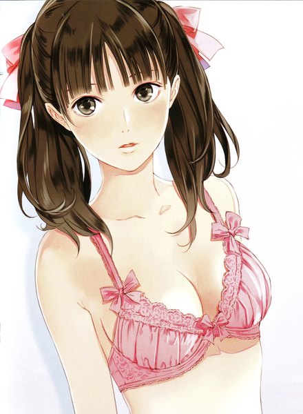 Anime picture 2500x3407 with original kishida mel single long hair tall image looking at viewer blush fringe highres breasts open mouth light erotic simple background brown hair white background twintails bare shoulders brown eyes girl bow