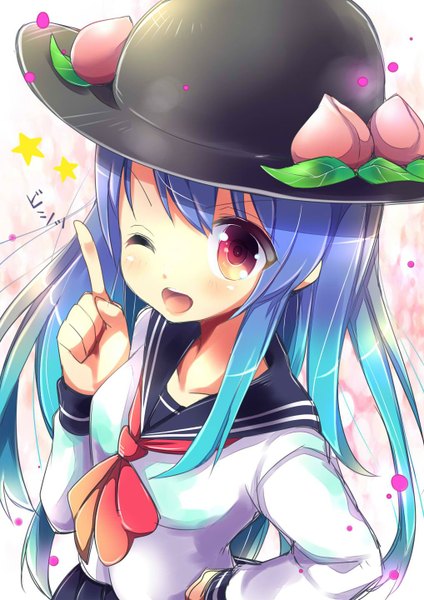 Anime picture 1018x1440 with touhou hinanawi tenshi uta (kuroneko) single long hair tall image looking at viewer blush open mouth red eyes blue hair one eye closed from above wink alternate costume hand on hip pointing girl uniform hat