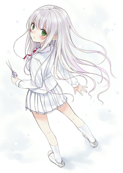 Anime picture 700x989 with original maigoyaki single long hair tall image blush fringe simple background white background holding green eyes silver hair pleated skirt looking back from above from behind girl skirt uniform school uniform