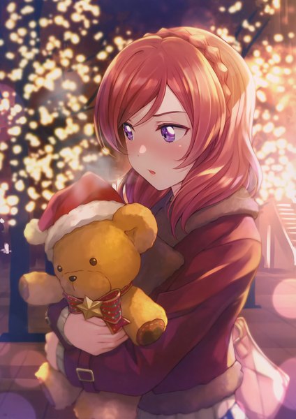 Anime picture 2492x3526 with love live! school idol project sunrise (studio) love live! nishikino maki shamakho single long hair tall image blush fringe highres open mouth standing purple eyes holding payot looking away outdoors red hair braid (braids)