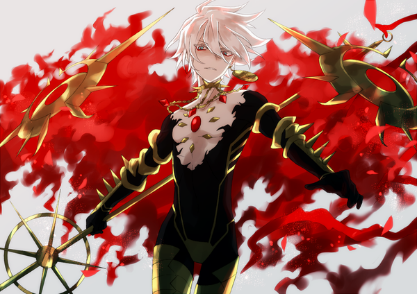 Anime picture 1500x1062 with fate (series) fate/grand order karna (fate) kawasemi sumika single looking at viewer fringe short hair blue eyes hair between eyes white hair spread arms boy gloves black gloves jewelry single earring spikes