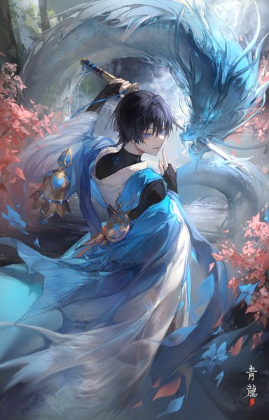 Anime picture 2818x4400 with genshin impact scaramouche (genshin impact) wanderer (genshin impact) kkamiiz single tall image fringe highres short hair blue eyes black hair hair between eyes looking away from above from behind fantasy boy weapon sword katana