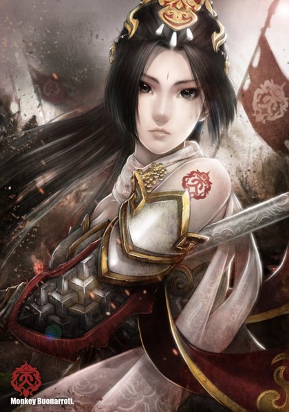 Anime picture 2220x3171 with original monkey (weibo) single long hair tall image looking at viewer highres brown hair signed realistic grey eyes battle girl hair ornament armor flag