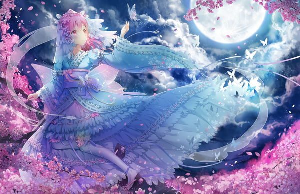Anime picture 1500x974 with touhou saigyouji yuyuko hoshi ame single long hair blush fringe hair between eyes looking away pink hair cloud (clouds) full body outdoors traditional clothes japanese clothes pink eyes arm up hair flower wind night