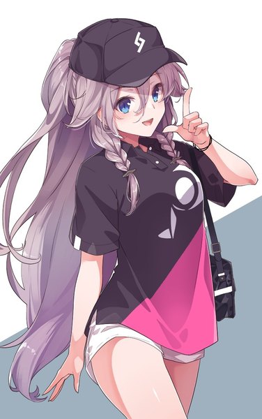 Anime picture 700x1117 with vocaloid ia (vocaloid) konnyaku (kk-monmon) single long hair tall image looking at viewer blush fringe open mouth blue eyes simple background smile hair between eyes silver hair ponytail braid (braids) :d arm up twin braids