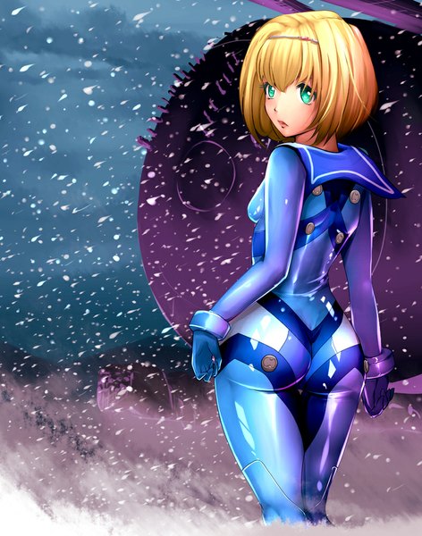 Anime picture 787x1000 with heavy object j.c. staff milinda brantini harihisa single tall image fringe short hair blonde hair green eyes ass looking back from behind girl bodysuit