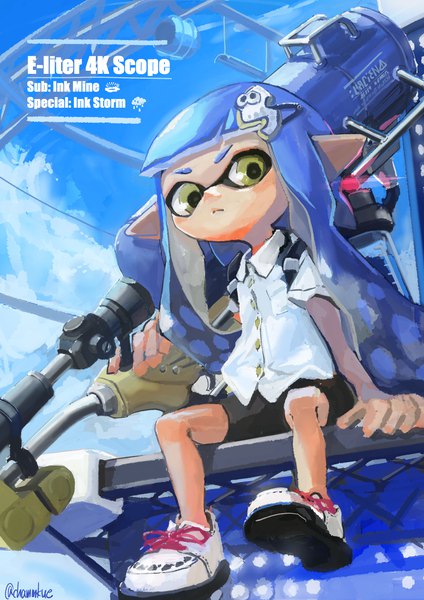 Anime picture 2894x4093 with splatoon splatoon 2 nintendo inkling chamu (chammkue) single long hair tall image fringe highres sitting signed yellow eyes blue hair looking away full body blunt bangs pointy ears twitter username tentacle hair