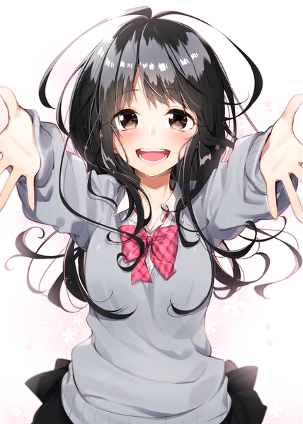 Anime picture 1191x1670 with original sakuragi ren single long hair tall image looking at viewer blush fringe open mouth black hair white background brown eyes upper body long sleeves :d teeth outstretched arm happy girl skirt