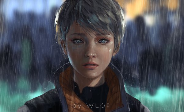 Anime picture 1772x1079 with detroit: become human kara (detroit) wlop single looking at viewer fringe highres short hair blue eyes wide image signed upper body parted lips grey hair blurry realistic inscription wet portrait rain