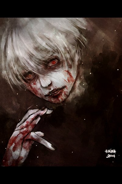 Anime picture 800x1200 with tokyo ghoul studio pierrot kaneki ken nanfe single tall image looking at viewer short hair open mouth red eyes signed white hair nail polish lipstick portrait letterboxed white skin 2014 black lipstick bloody tears