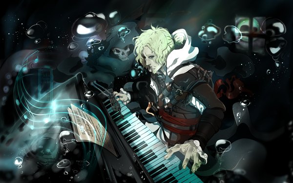 Anime picture 2200x1375 with assassin's creed (game) edward kenway ifragmentix highres short hair blue eyes blonde hair wide image ponytail coloring scar underwater skeleton skull and crossbones boy weapon gun bubble (bubbles) skull musical note