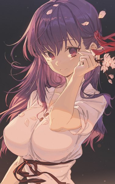 Anime picture 2600x4137 with fate (series) fate/stay night matou sakura hxxg single long hair tall image looking at viewer fringe highres simple background hair between eyes purple eyes holding purple hair upper body arm up short sleeves black background girl