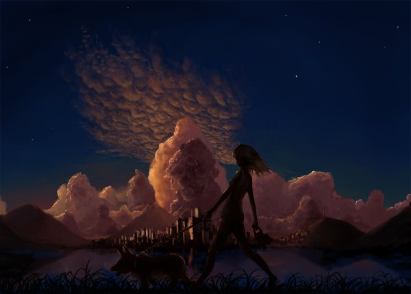 Anime picture 1397x1000 with pixiv nesshi sky cloud (clouds) from behind city landscape scenic silhouette girl plant (plants) animal star (stars) grass dog