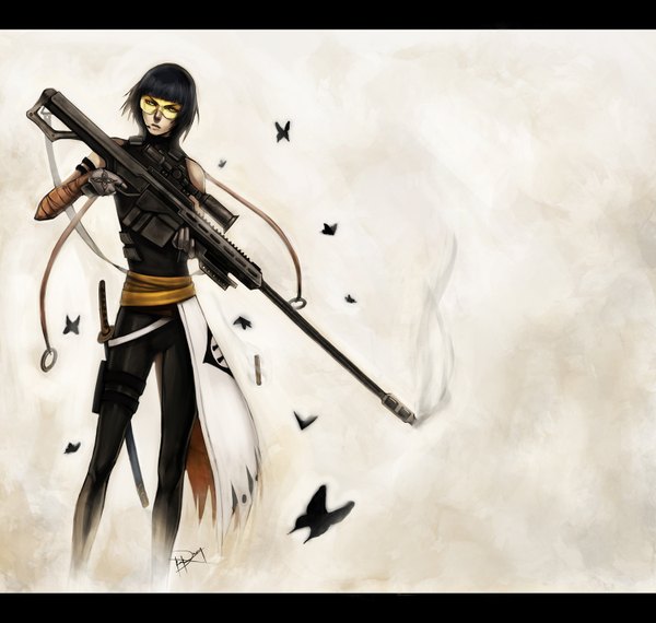 Anime picture 1500x1425 with bleach studio pierrot soifon ninjatic short hair black hair white background signed yellow eyes smoking gun girl weapon sword glasses katana gun insect butterfly microphone