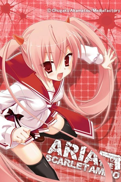 Anime picture 640x960 with hidan no aria kanzaki h aria single long hair tall image looking at viewer blush fringe breasts open mouth red eyes twintails pink hair ahoge bent knee (knees) outstretched arm girl thighhighs uniform hair ornament