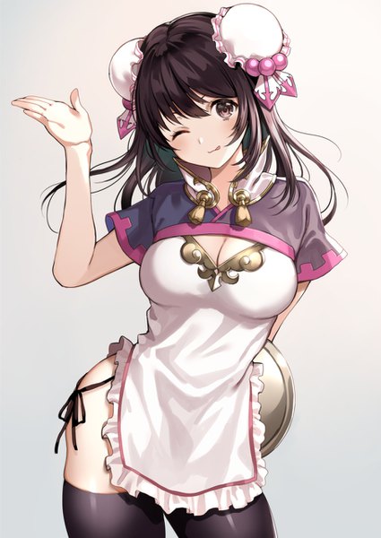Anime picture 910x1286 with original nishizawa single long hair tall image looking at viewer fringe breasts light erotic black hair simple background hair between eyes large breasts brown eyes cleavage traditional clothes head tilt one eye closed arm up wink