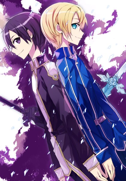 Anime picture 840x1200 with sword art online a-1 pictures kirigaya kazuto eugeo (sao) jianmo sl tall image looking at viewer short hair blue eyes black hair simple background blonde hair smile black eyes back to back boy uniform weapon school uniform sword