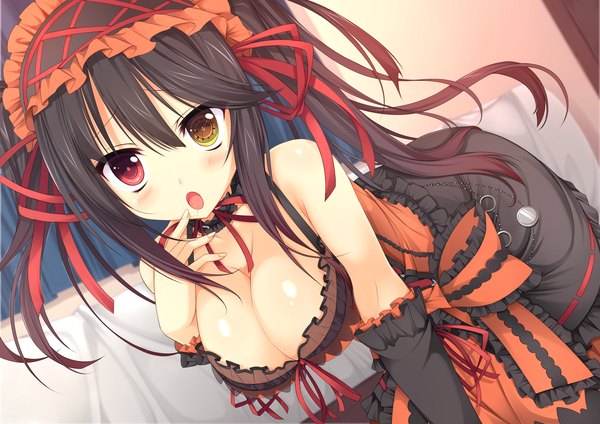 Anime picture 3035x2149 with date a live tokisaki kurumi nanahosi seiiki (artist) long hair blush highres breasts open mouth light erotic black hair large breasts twintails absurdres :o heterochromia girl dress detached sleeves frills headdress