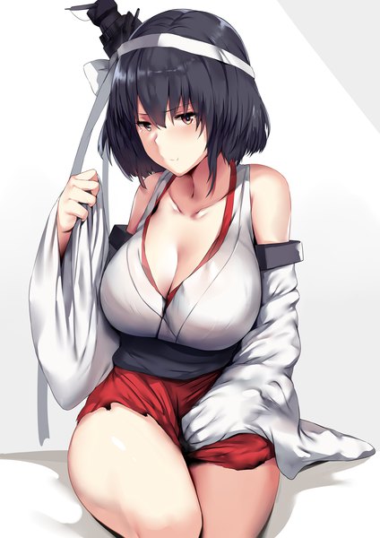 Anime picture 4960x7015 with kantai collection yamashiro battleship hews single tall image looking at viewer blush fringe highres short hair breasts light erotic black hair simple background hair between eyes red eyes large breasts sitting bare shoulders absurdres