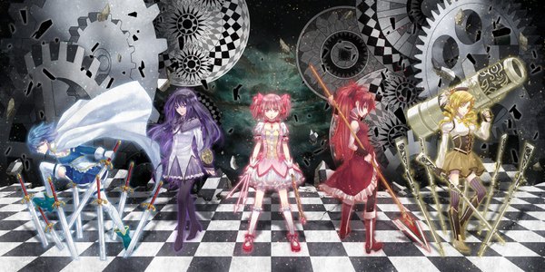 Anime picture 1600x800 with mahou shoujo madoka magica shaft (studio) akemi homura kaname madoka sakura kyouko miki sayaka tomoe mami long hair short hair blue eyes blonde hair red eyes wide image purple eyes multiple girls blue hair pink hair purple hair red hair drill hair