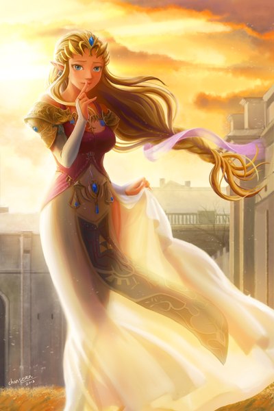 Anime picture 2000x3000 with the legend of zelda princess zelda chen qi (chanseven) single long hair tall image looking at viewer highres blue eyes blonde hair standing signed sky cloud (clouds) braid (braids) wind lips pointy ears finger to mouth evening