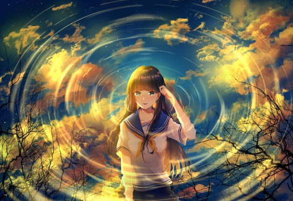 Anime picture 1034x709 with original yingsu jiang single long hair looking at viewer fringe smile brown hair standing cloud (clouds) blunt bangs night grey eyes night sky adjusting hair reflection bare tree ripples girl uniform