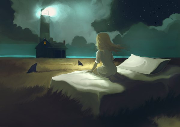Anime picture 1508x1066 with original takeru-san single long hair blonde hair cloud (clouds) night night sky light girl plant (plants) pillow bed building (buildings) star (stars) grass house shark lighthouse
