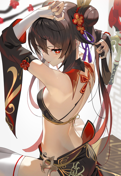 Anime picture 1719x2500 with genshin impact hu tao (genshin impact) scottie (phantom2) single long hair tall image looking at viewer fringe highres breasts light erotic hair between eyes red eyes brown hair sitting nail polish fingernails from behind wide sleeves arms up